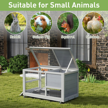 Wooden 36Inches Rabbit Hutch Indoor with Wheels Bunny Cage Outdoor Durable Wide Space Rabbit Cage with Tray, Openable Roof, Anti-Slip Ramp for Small Bunny Rabbit (Grey)