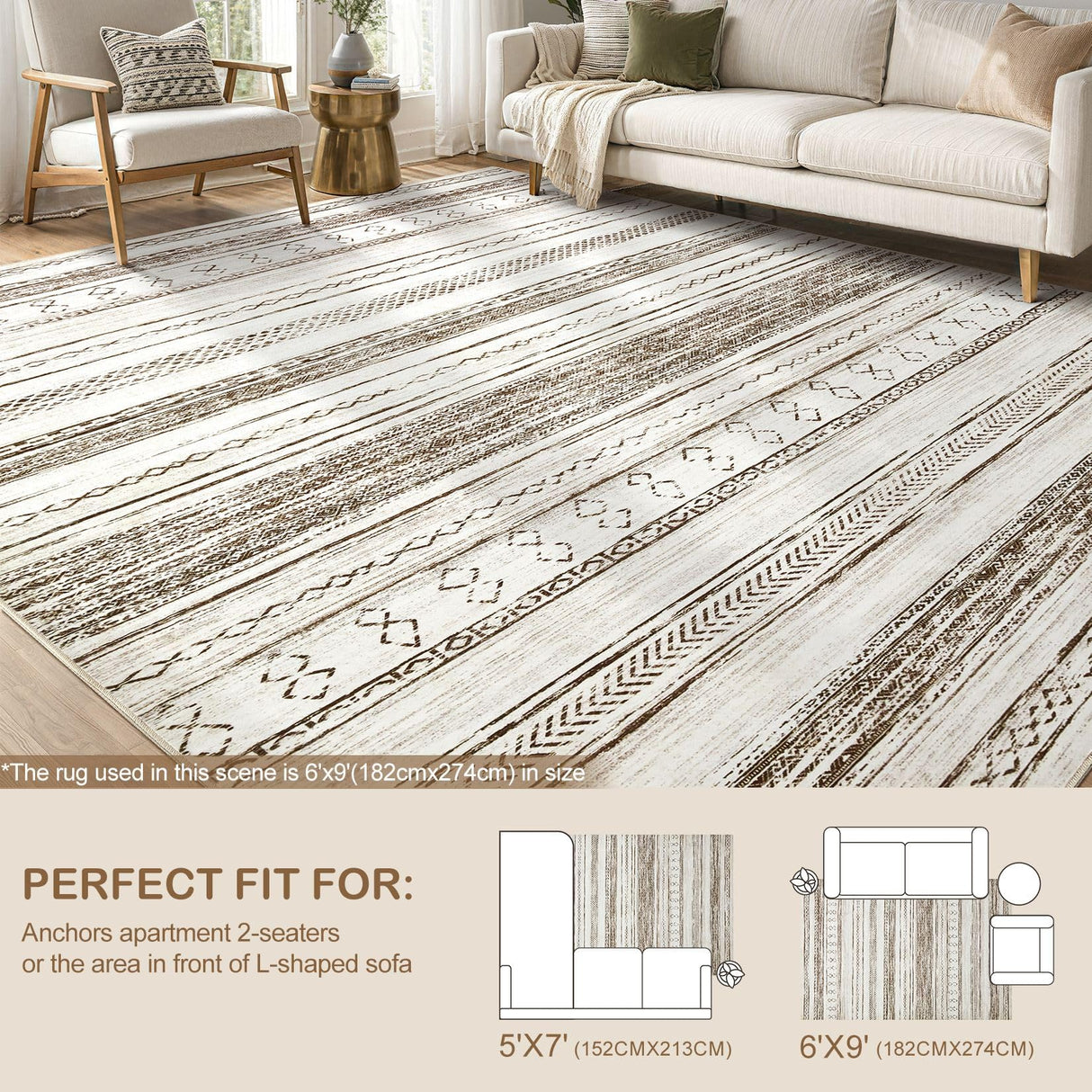 Tortania Area Rug Living Room Rugs - 5x7 Washable Large Soft Neutral Boho Moroccan Bohemian Farmhouse Rug Indoor Floor Carpet for Bedroom Under Dining Table Home Office Decor - Cream Brown Tortania