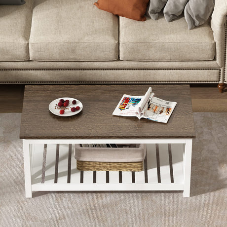 ChooChoo Coffee Table, Rustic Farmhouse Table with Shelf for Living Room, Vintage Finish White ChooChoo