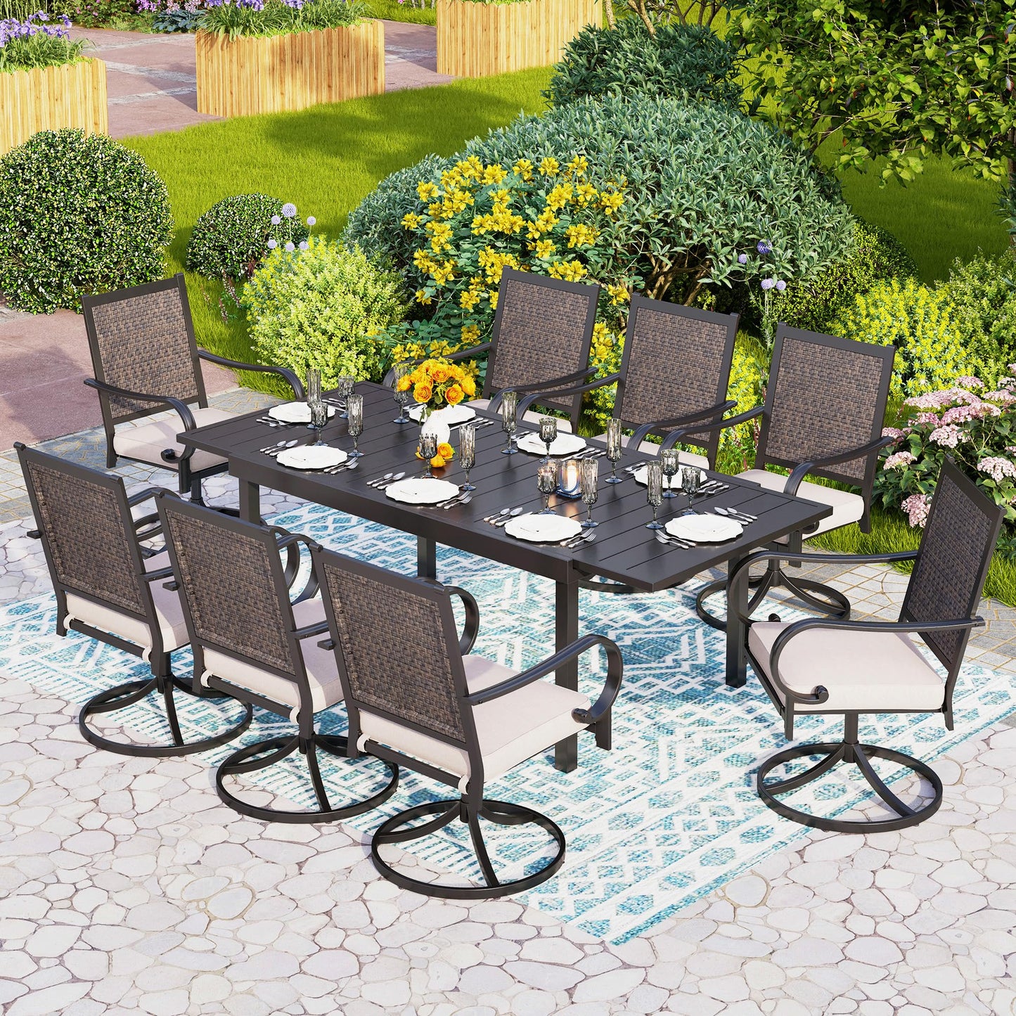 PHI VILLA 9 Pieces Wicker Furniture Dining Set Patio Expandable Dining Table Set of 9 Rattan Swivel Dining Chairs with Cushion for Outdoor Bistro(9 Pieces) - WoodArtSupply