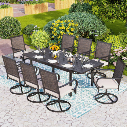 PHI VILLA 9 Pieces Wicker Furniture Dining Set Patio Expandable Dining Table Set of 9 Rattan Swivel Dining Chairs with Cushion for Outdoor Bistro(9 Pieces) - WoodArtSupply