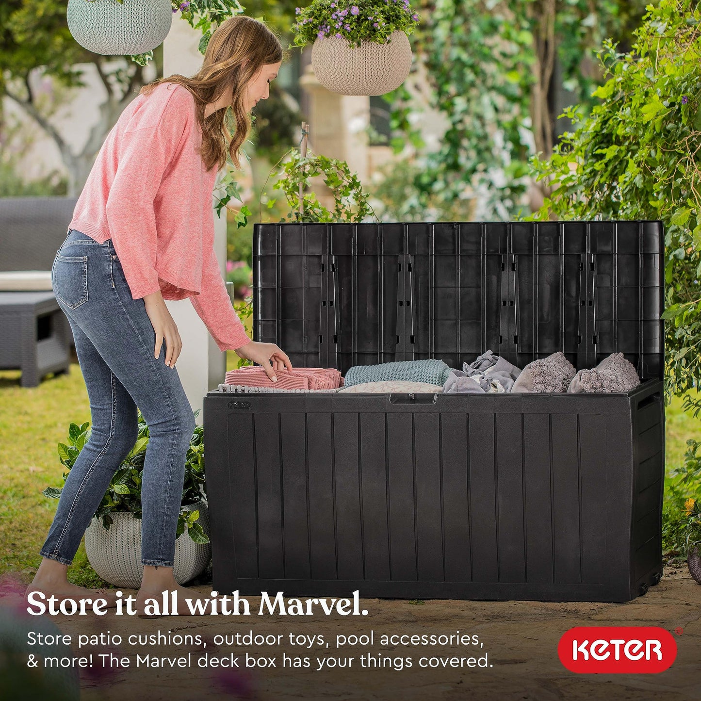 Keter Marvel Plus 71 Gallon Resin Deck Box-Organization and Storage for Patio Furniture Outdoor Cushions, Throw Pillows, Garden Tools and Pool Toys, Dark Grey