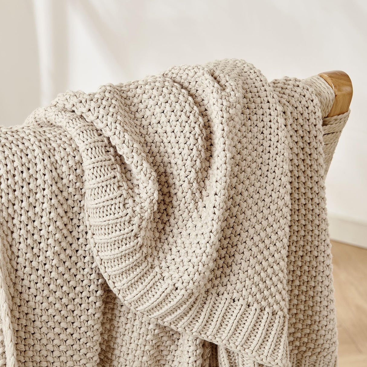 Joydeco Chunky Cable Knit Throw Blanket, Lightweight 100% Organic Cotton Soft Cozy Throw Twin Blanket for Couch Bed and Sofa, Rustic Breathable Farmhouse Blanket Gift for Women Men(Beige, 51"x63") Joydeco