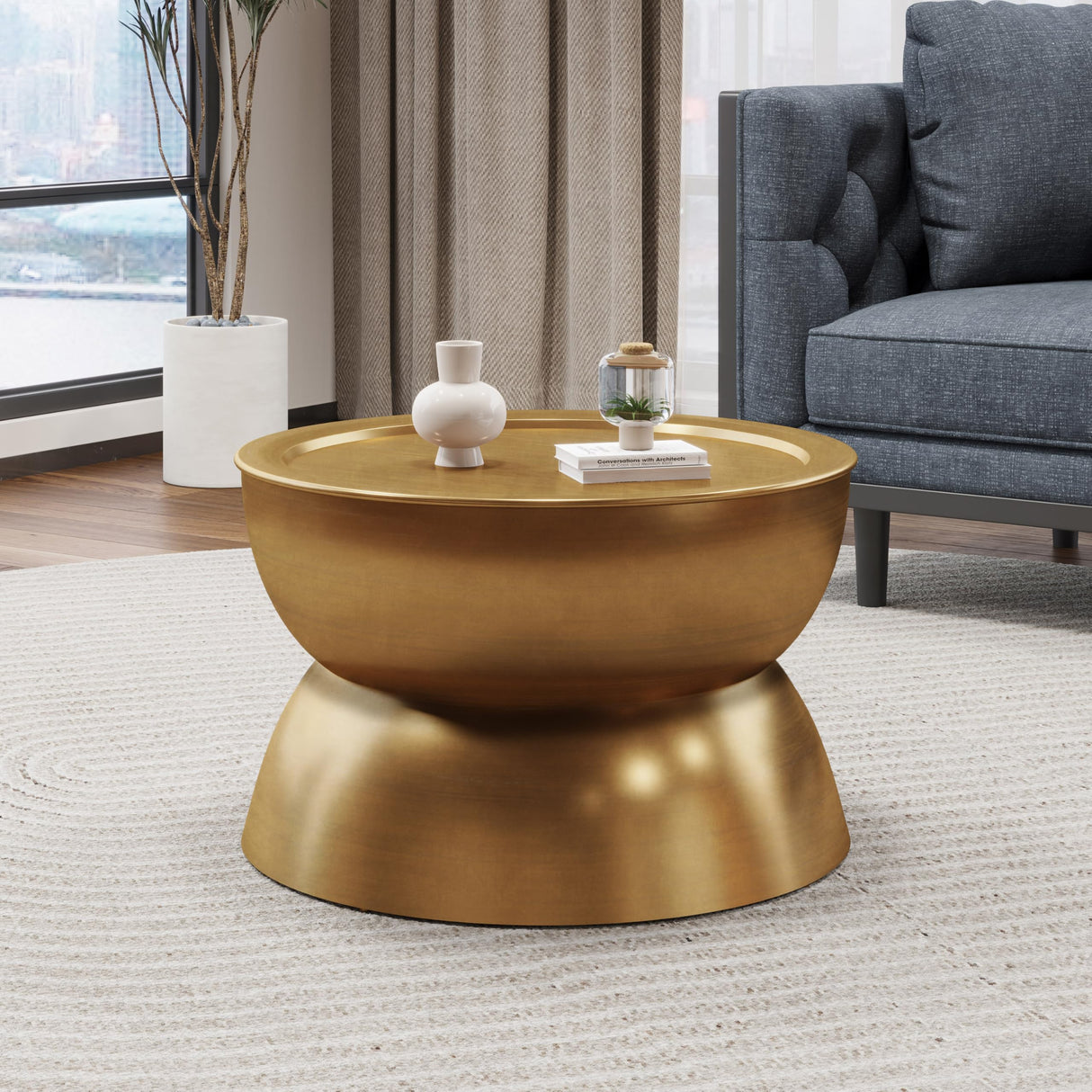 Merax Metal Hammered Coffee Table 24.25" Round Tabletop, Modern Iron Hourglass Coffee Table for Living Room, No Assembly Required, Bear 150lbs, Gold Merax