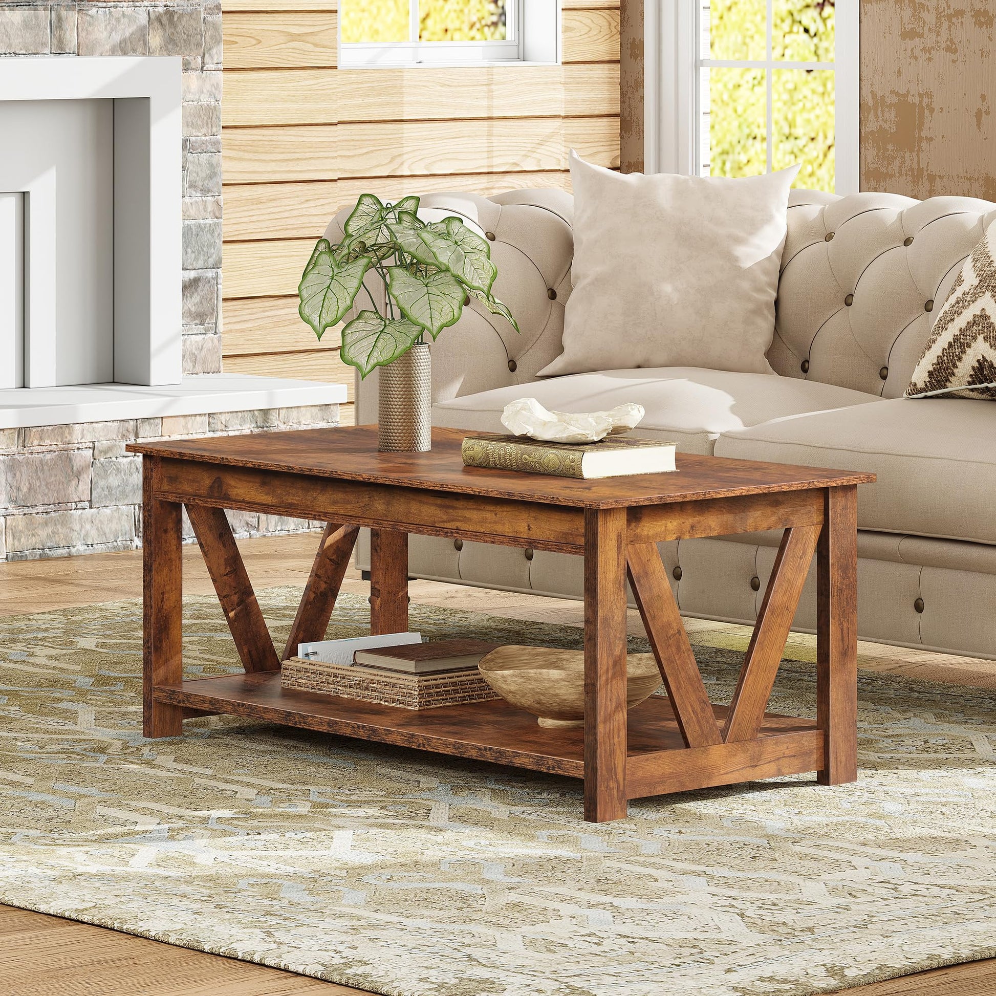 WLIVE Farmhouse Coffee Table,Living Room Table with Storage,43 in Wood Center Table with V-Shaped Frame for Home Office,Apartment,Rustic Brown - WoodArtSupply