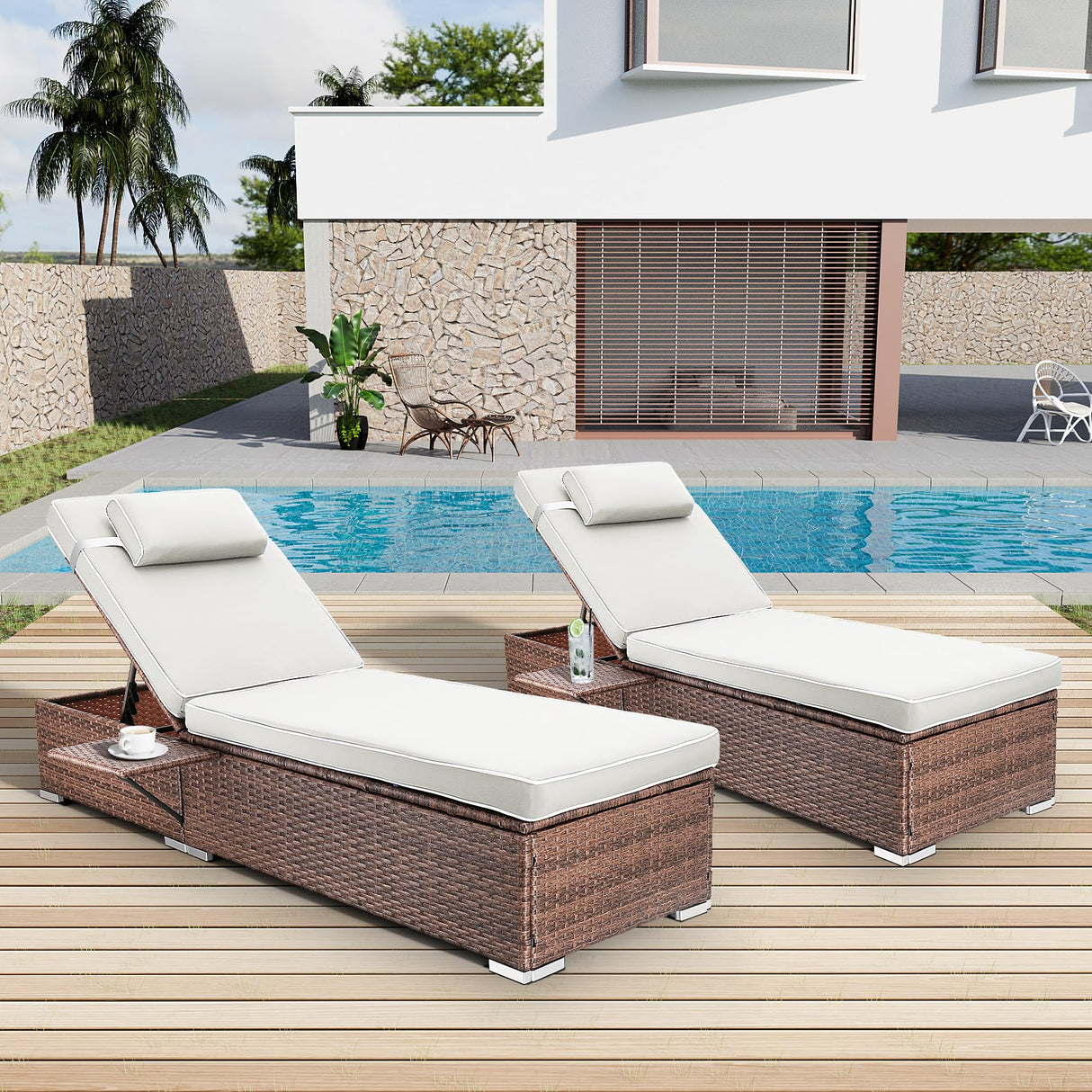 Rophefx Outdoor PE Wicker Patio Lounge Chairs Set of 2, Outside Rattan Pool Lounge Chair with Cup Holder & Adjustable Backrest, Brown Rattan Recliners for Poolside Deck Beach Yard (White Cushions) Rophefx