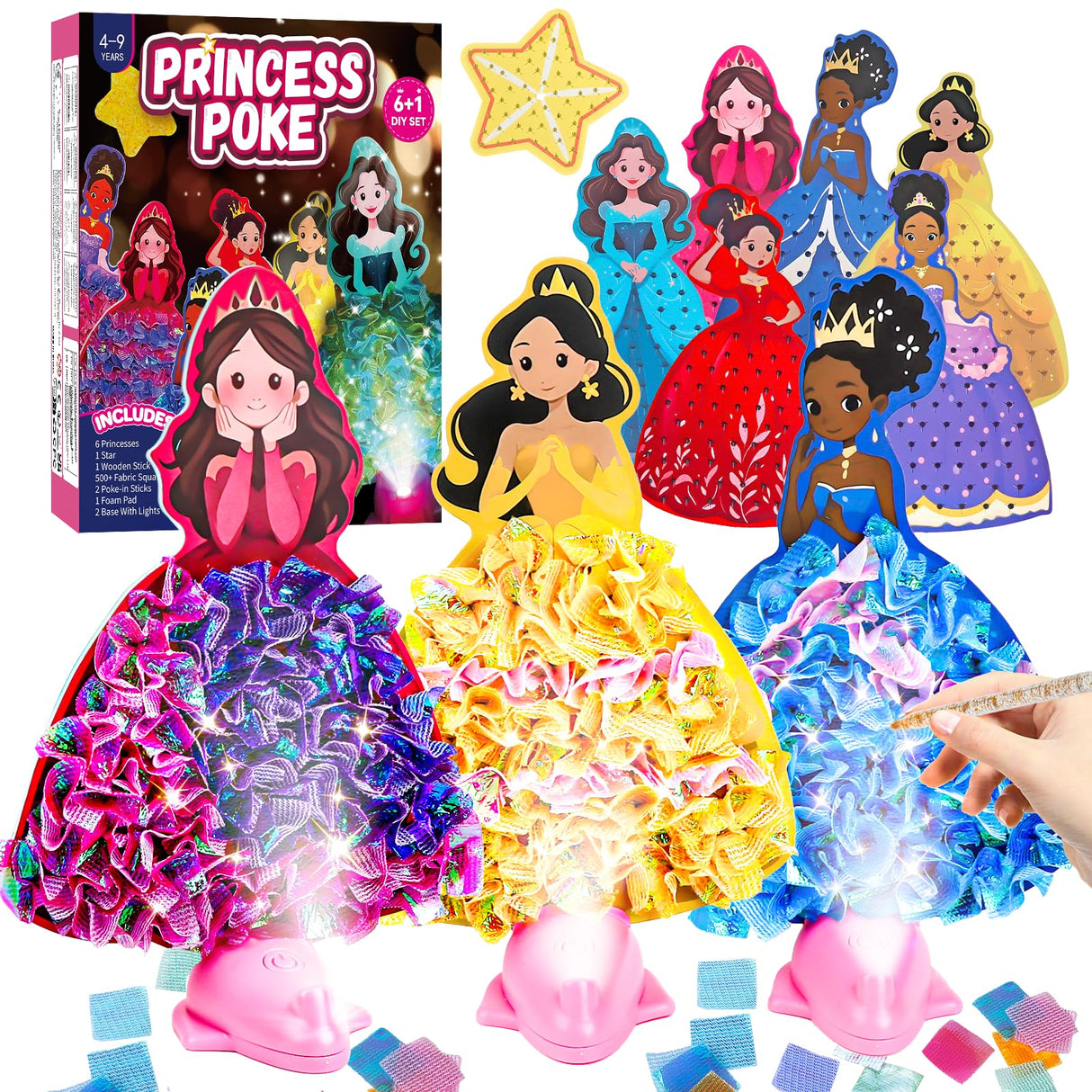 Fortand Poke-Art Crafts Kit for Kids, Princesses Craft Kits for Girls Ages 4-9 Paper Craft Kits with LED Base DIY Creative Activity Toys Gifts for Girls & Boys Ages 4 5 6 7 8 9 Mess-Free Fun for Kids Fortand