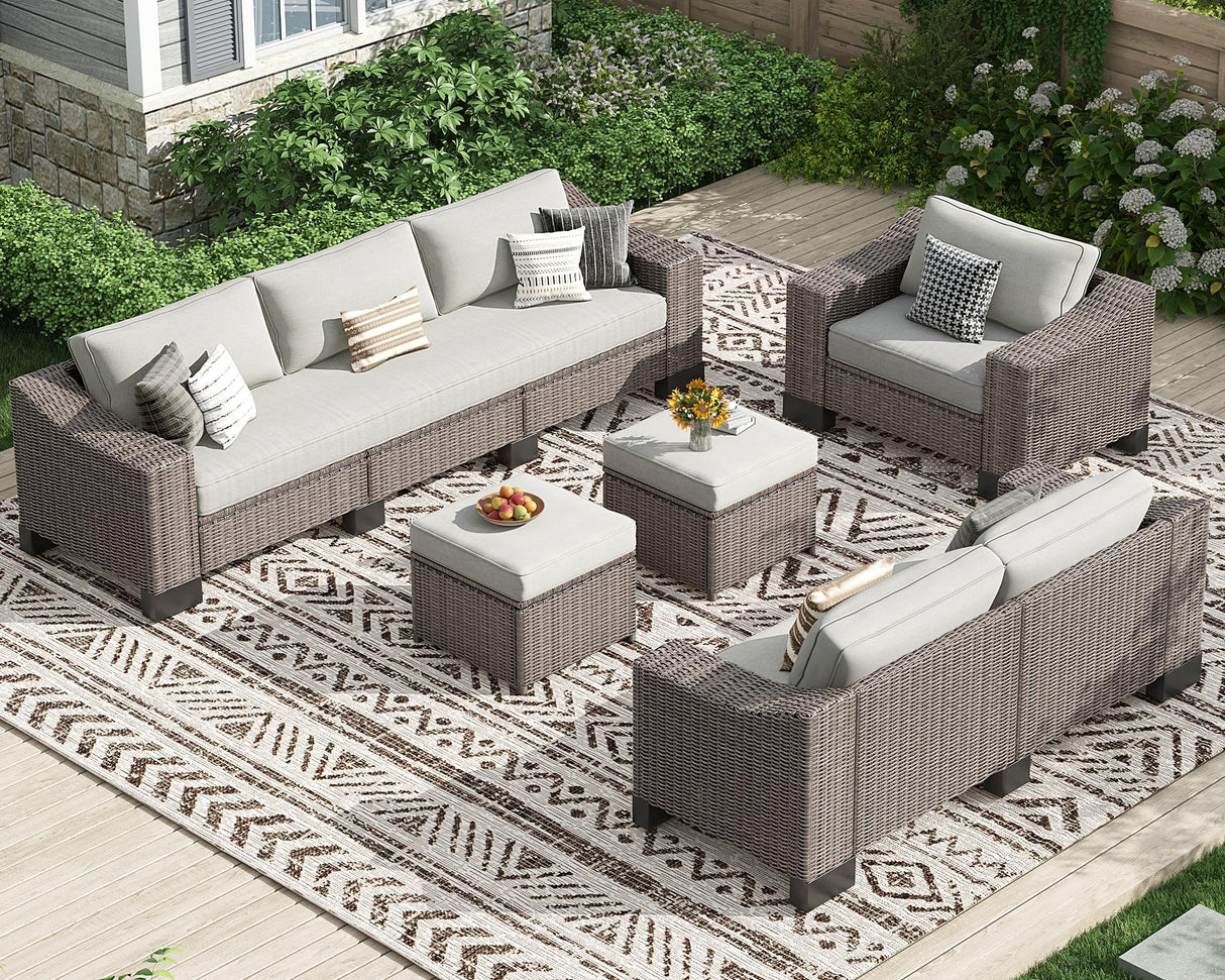 ZIENLIFE Patio Furniture Set, 8 Piece All-Weather PE Wicker Sectional Sofa with 5.9" Wide Armrest, Waterproof Cushions & Ottomans with Modular Outdoor Couch for Backyard, Deck, Garden ZIENLIFE