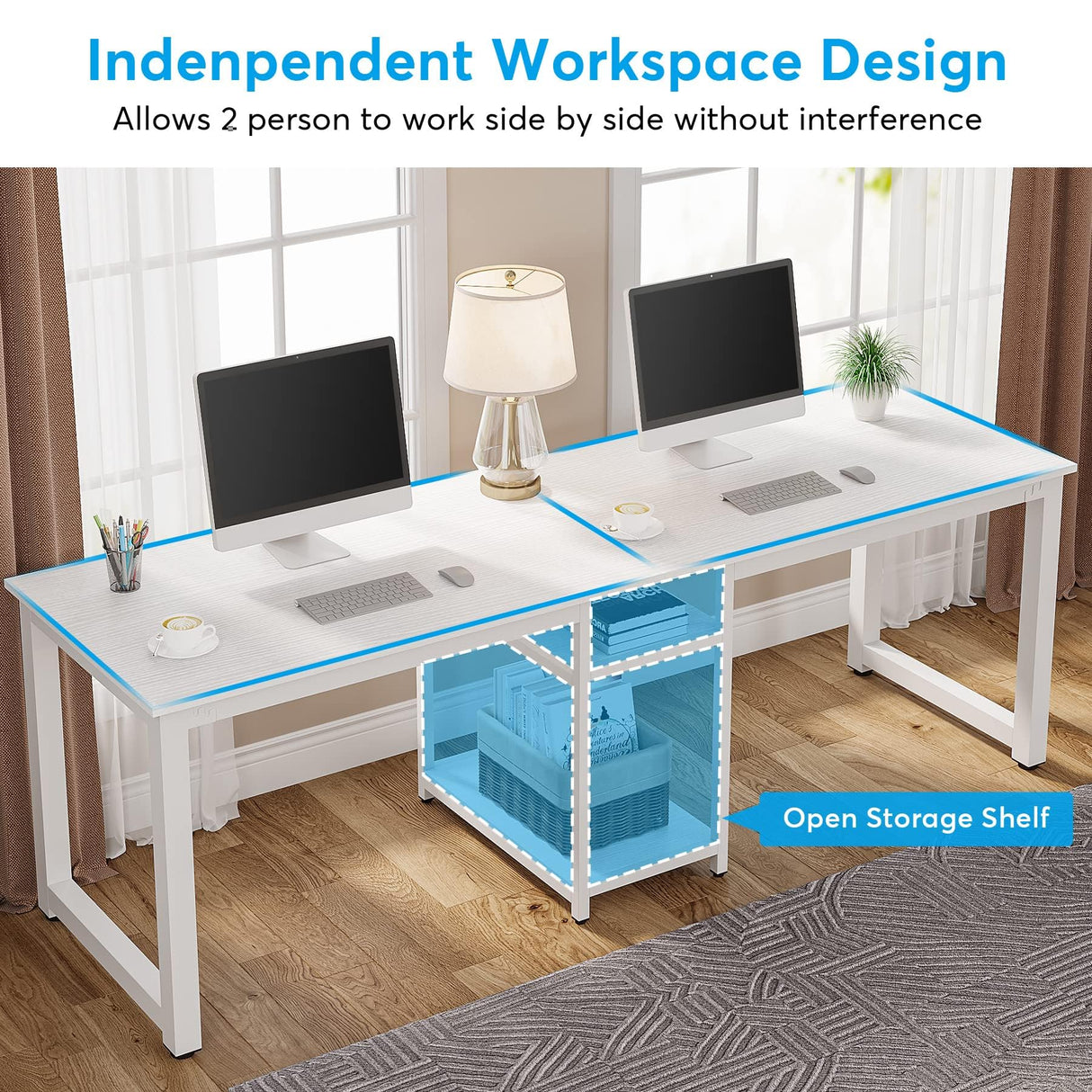 Tribesigns 78 Inches Computer Desk, Extra Large Two Person Office Desk with Shelf, Double Workstation Desk for Home Office(White) Tribesigns