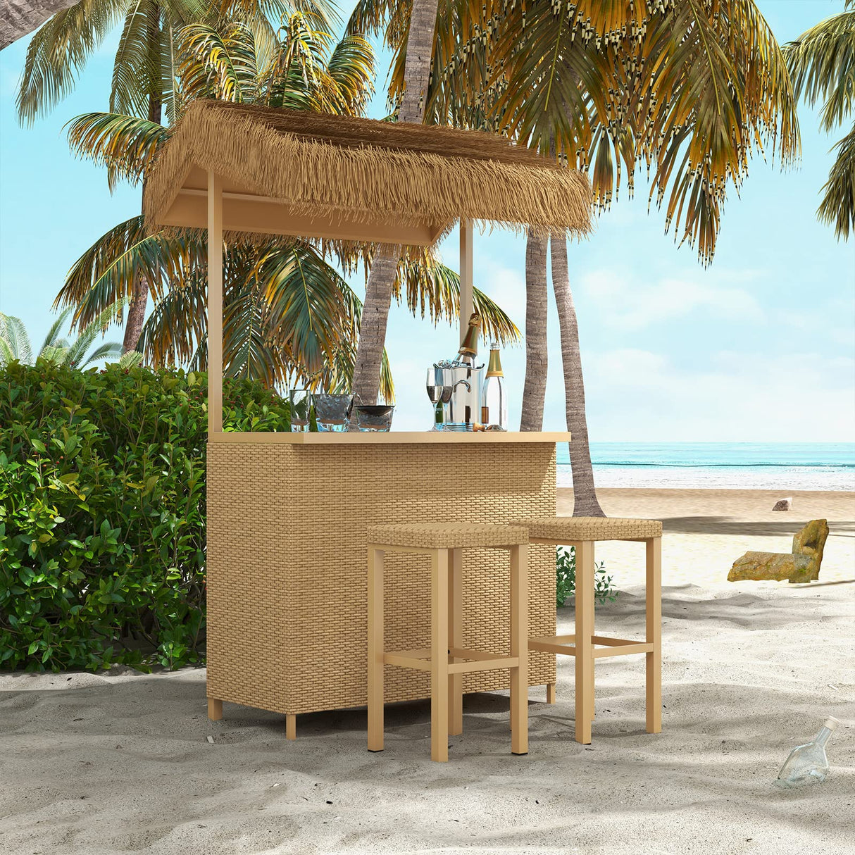 Grand patio Outdoor Tiki Bar Set with Widen Ceramic Top (42" W), Phuket 3-Piece Wicker Islander Tiki Bar and 2 Stools Storage for Garden, Natural Grand patio