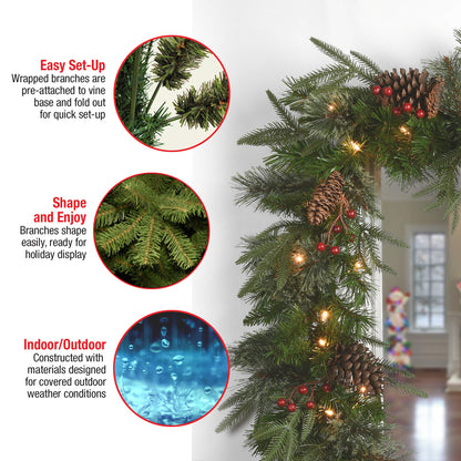 National Tree Company Pre-Lit 'Feel Real' Artificial Christmas Garland, Green, Colonial Fir, White Lights, Decorated With Pine Cones, Plug In, Christmas Collection, 9 Feet