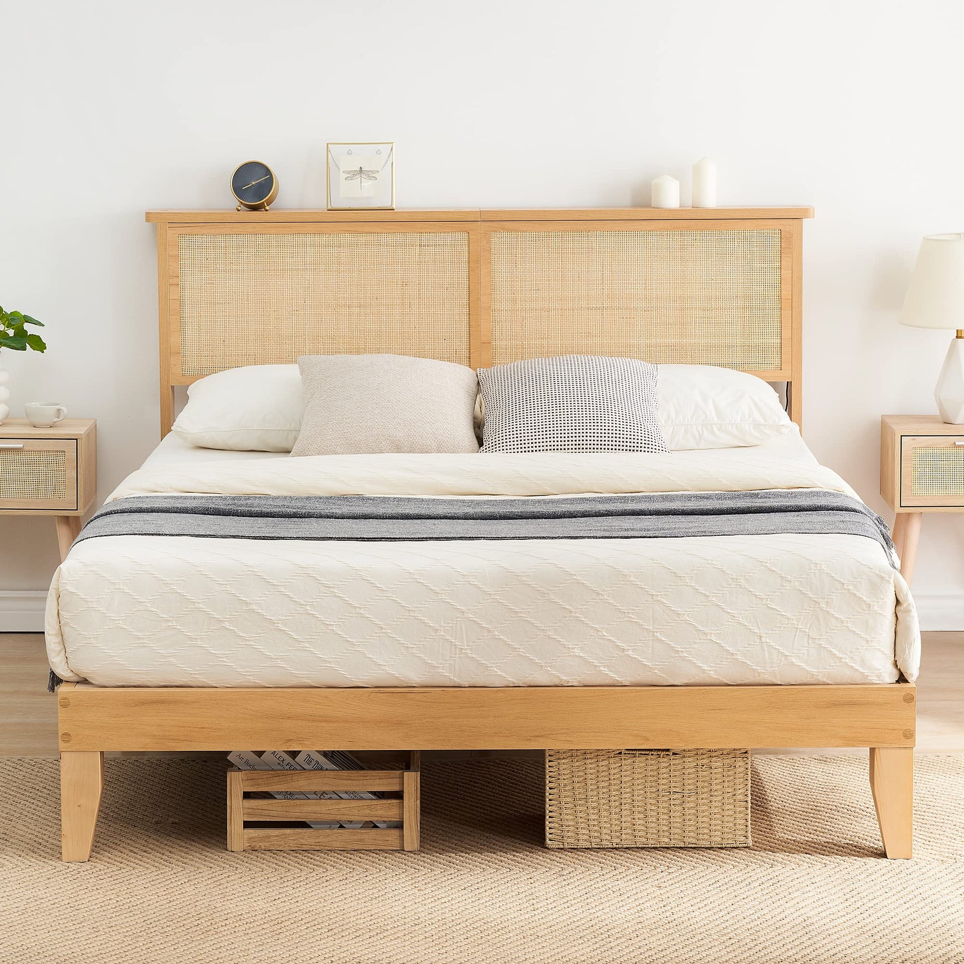 Cozy Rattan Full Bed Frame with Natural Headboard and LED Lights, Sturdy Wood Foundation - WoodArtSupply