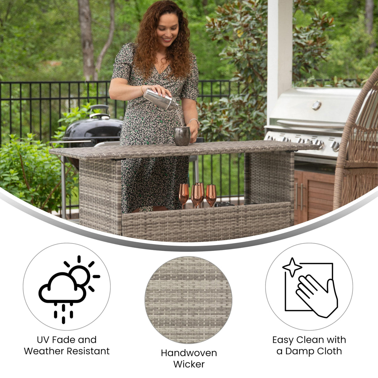 Flash Furniture Marco Indoor/Outdoor Patio Bar Counter Table, All-Weather Wicker Rattan Pattern, 2 Shelves, Gray Flash Furniture