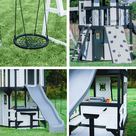 Backyard Discovery Canyon Creek White Cedar Wood Swing Set with Wave Slide, Clubhouse, Play Kitchen, Picnic Area, Belt Swings, Web Swing, Rock Wall, Balconies, Playhouse, Step Ladder, Outdoor Playset Backyard Discovery