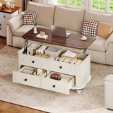DWVO Lift Top Coffee Table with Storage, Farmhouse Wood Central Table w/Large Hidden Compartment, 2 Storage Drawers, Lift Tabletop Dining Table for Living Room, Reception Room, Rustic White DWVO