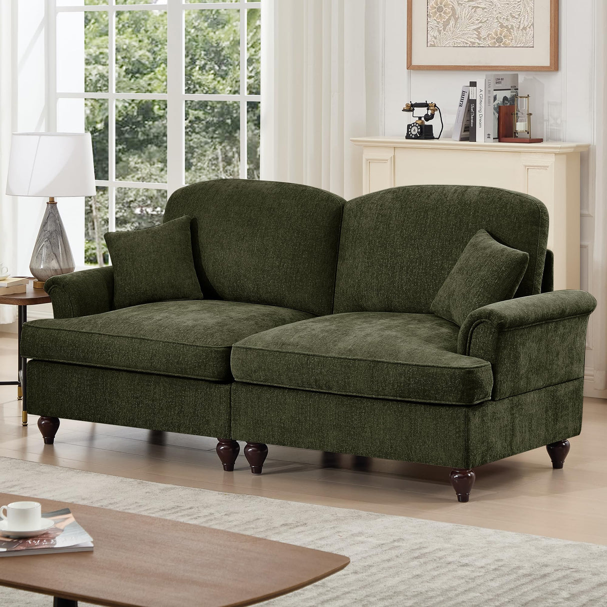 HMHKHN 76" Chenille Loveseat Sofa for Living Room, Traditional Style Sofa with Detachable Ruffled Skirt, Flared Arms, Spindle Legs, Love Seat Couches for Apartment (Green) HMHKHN
