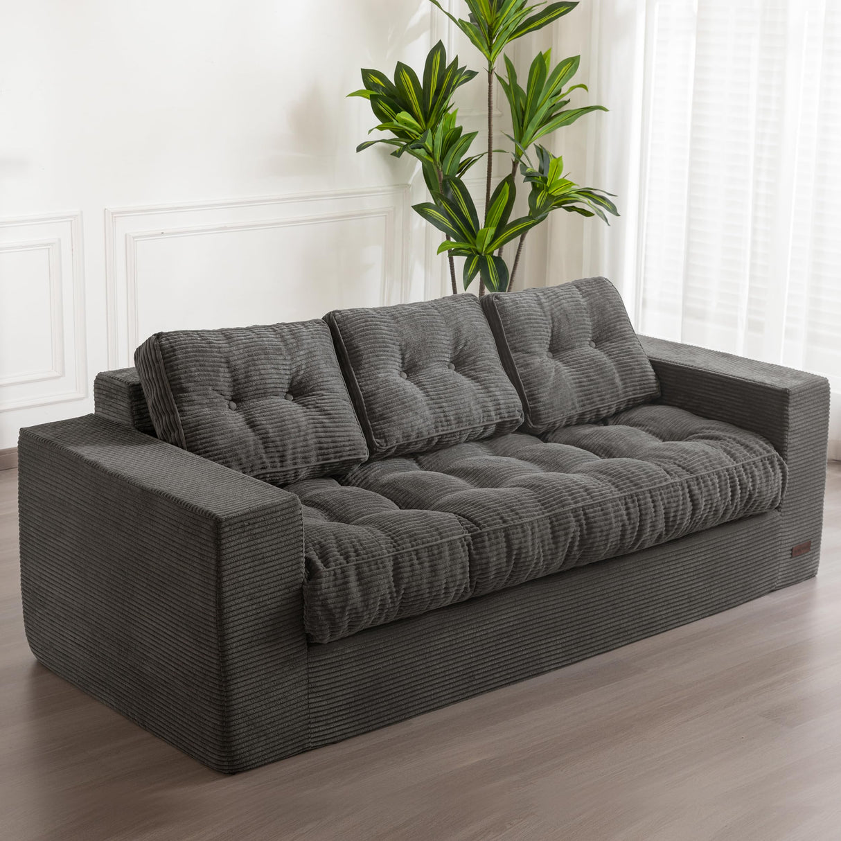 MAXYOYO 3 Seater Couch for Living Room, Boneless Couch with Tufted Cushion & Backrest, Upholstered Floor Sofa, Sofa in A Box, Dark Grey MAXYOYO