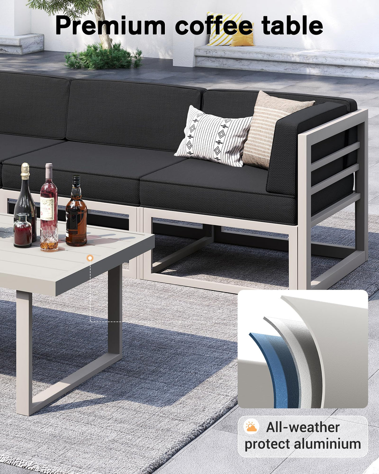 UDPATIO Aluminum Patio Furniture Set, Modular Oversized Outdoor Sectional of Olefin 5 inch Thick Cushion, Coffee Table and Waterproof Cover, Patio Conversation Sets for Porch, Deck UDPATIO