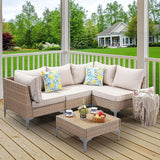 Jing's Villa 5-Piece Outdoor Patio Furniture Set,Rattan Conversation Sectional Sofa w/Coffee Table, All-Weather Patio Conversation Set with Thick and Anti-Slip Cushions for Backyard,Deck,Porch,Beige Jing's Villa