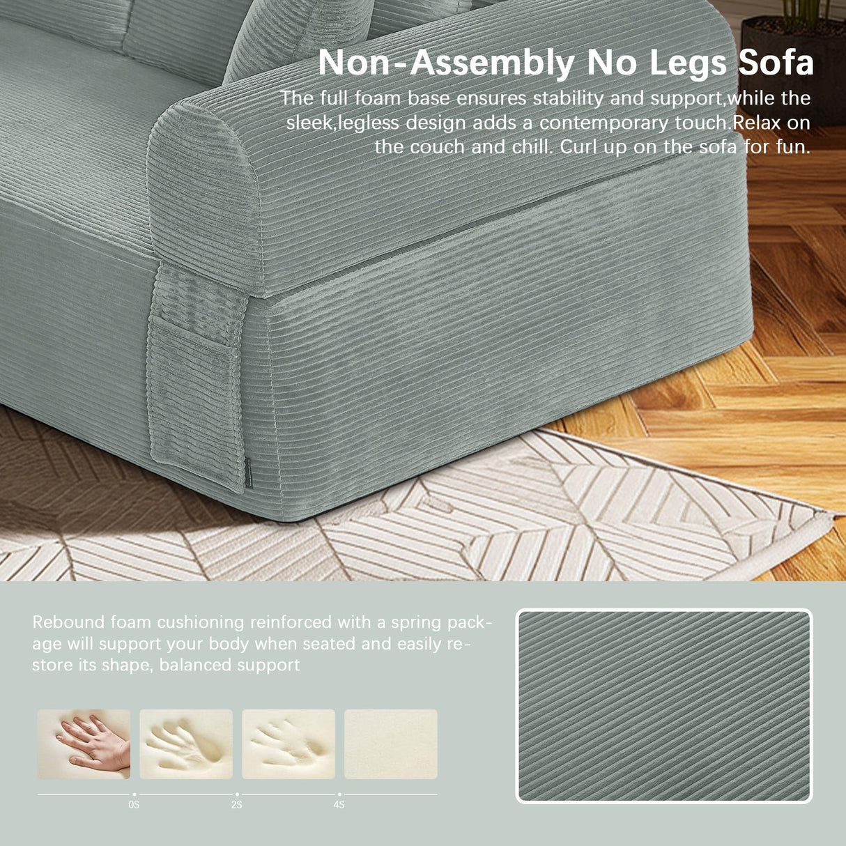 83" Modern Sofa in a Box, No Assembly Oversized 3 Seater 28" Deep Seat Cloud Sofa Bed Couch with 4 Furry Pillows & Corduroy Fabric, Boneless Couch with Side Storage Pockets for Living Room, Light grey Zyerch