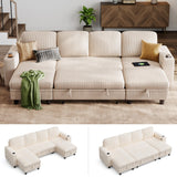 LINSY HOME Sectional Sleeper Sofa with Pull Out Couch Bed - Convertible Plush Corduroy Cloud Couch with Storage Chaise & USB Charging, Comfy U Shaped Modular Couches for Living Room, Beige LINSY HOME