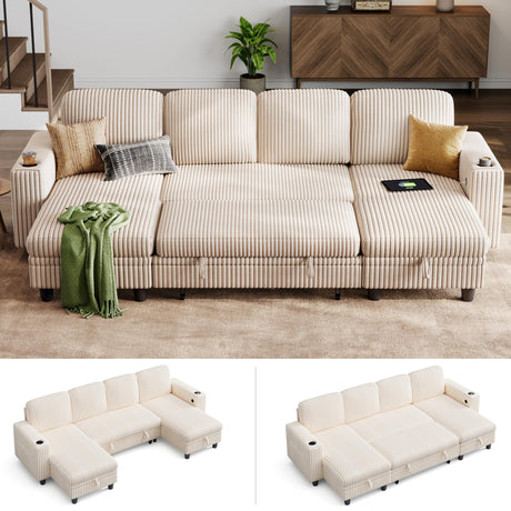 LINSY HOME Sectional Sleeper Sofa with Pull Out Couch Bed - Convertible Plush Corduroy Cloud Couch with Storage Chaise & USB Charging, Comfy U Shaped Modular Couches for Living Room, Beige LINSY HOME