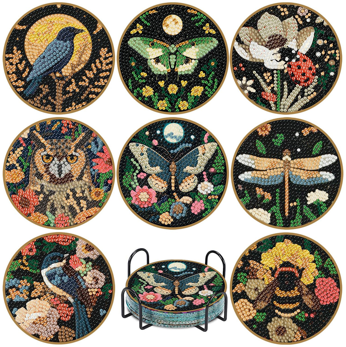 8 Pcs Insect Diamond Art Painting Coasters Kits,Moth Dragonfly Bee Coaster with Holder for Adults, Non-Slip DIY Dot Paint Craft Kits,5D Full Drill DIY Diamond Dot Gem Art Kit Home Decor Arts Craft NEGEKFKX