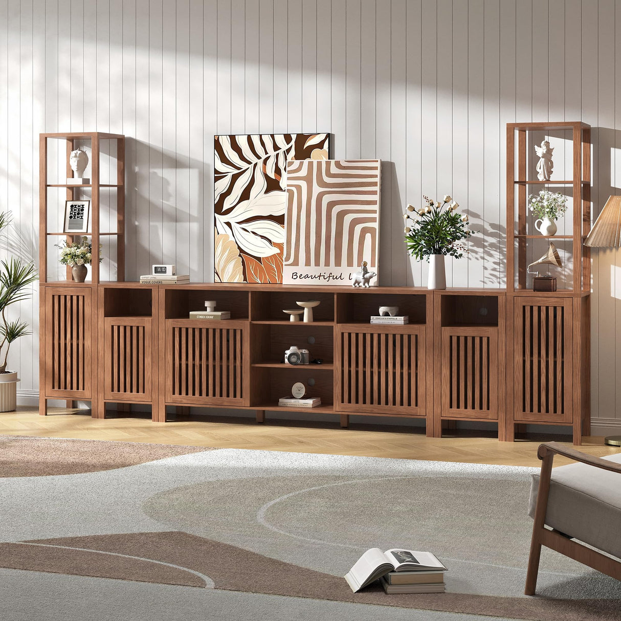 BVIUNTWO Farmhouse TV Stand for 100 inch TVs, Entertainment Center with Bookshelves, 6 Door Media Console with Adjustable Shelves, Storage Cabinet for Living Room Bedroom Home Theater, Rustic Brown BVIUNTWO