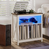 ChooChoo Large Record Player Stand with Charging Station & LED Light, Vinyl Record Holder hold up to 300 Albums, Farmhouse End Table for Bedroom, Living Room, Soft White ChooChoo