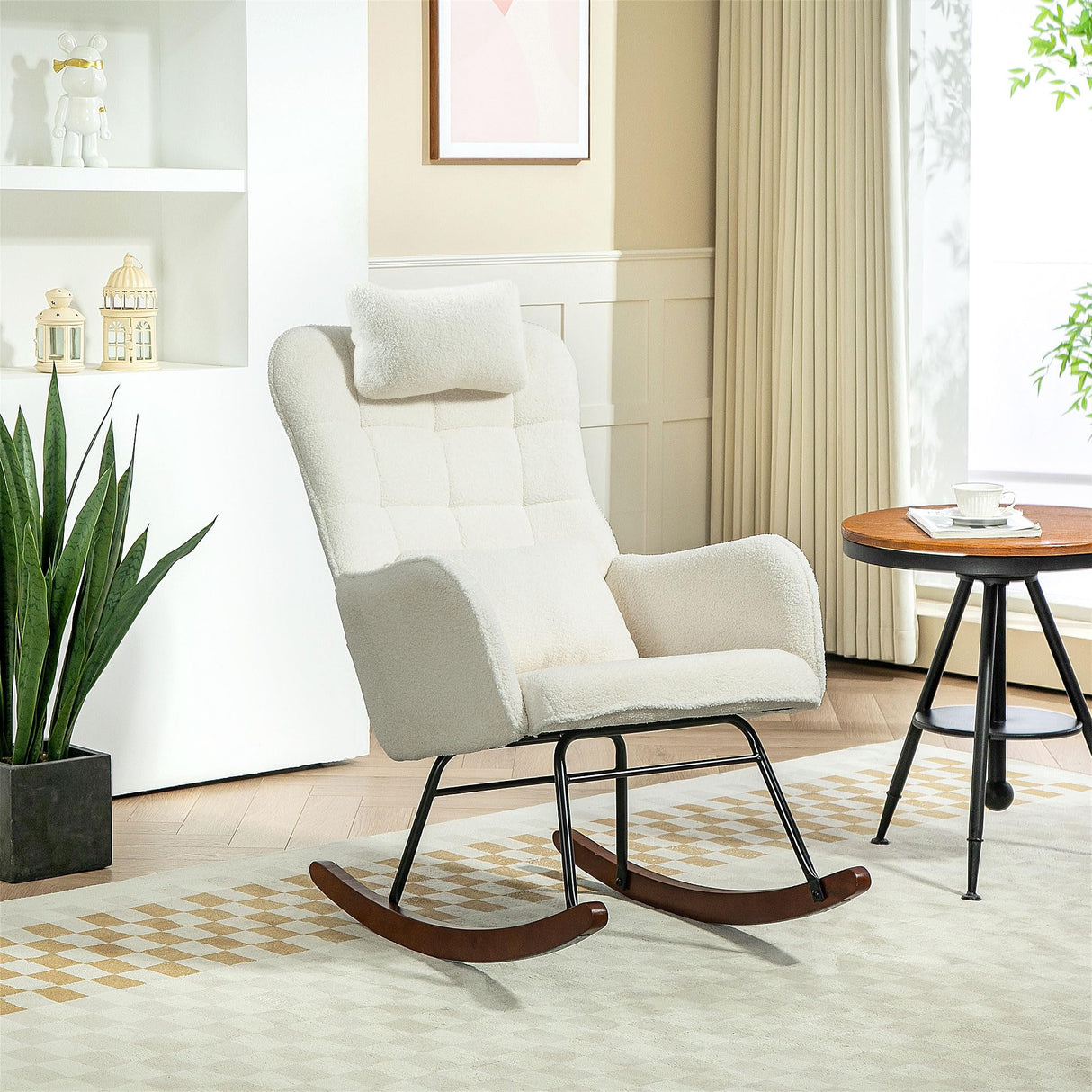 HOMCOM Upholstered Rocking Chair with Headrest and Lumber Pillow, Teddy Fleece Modern Rocker Chair with High Back, Steel Frame and Beech Wood Base for Living Room, Bedroom, Cream White HOMCOM