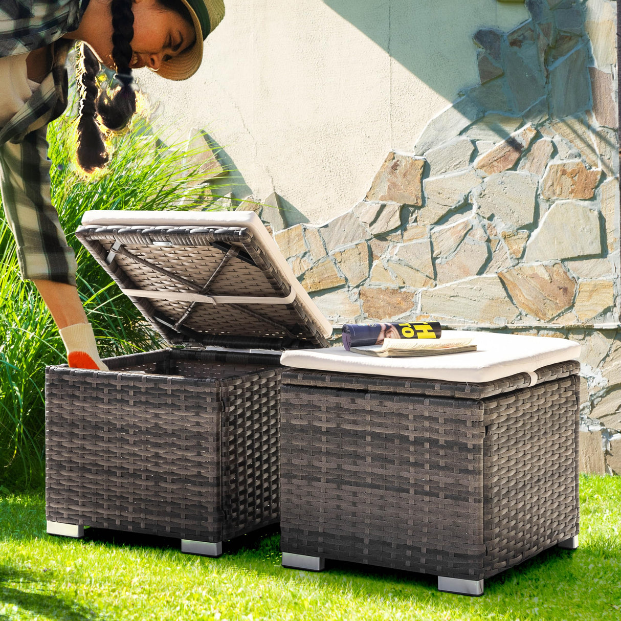 NUU GARDEN Outdoor 2 Piece Outdoor Patio Ottoman, All Weather Rattan Wicker Ottoman Seat, Outdoor Footstool Footrest Seat with Removable Cushion, for Patio, Backyard, Side Table, Brown and Beige NUU GARDEN