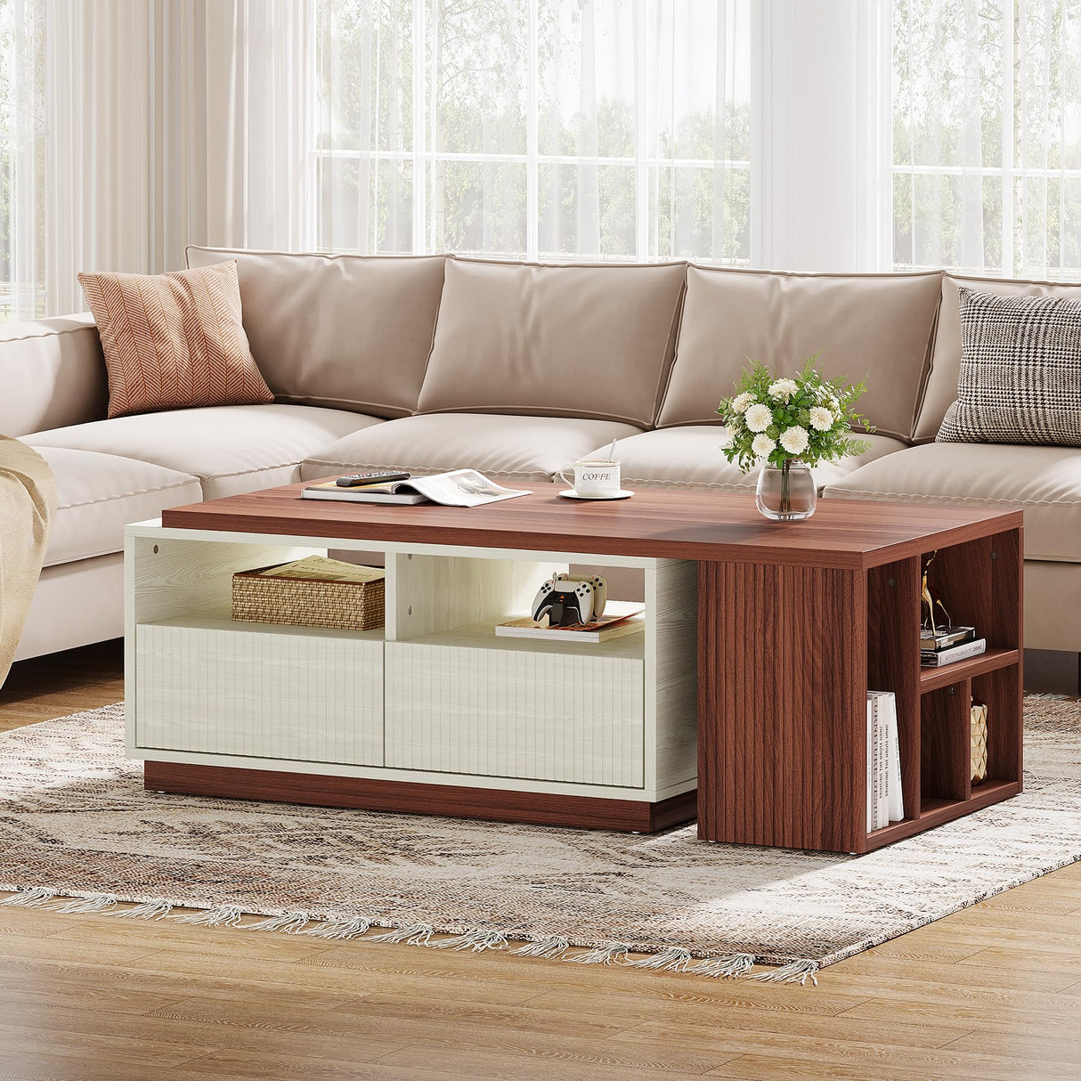 Tribesigns Extendable Coffee Table with 2 Storage Drawers, Reversible Living Room Table with Shelves and Adjustable Top, Large Center Table for Living Room, White/Walnut (43" to 75" Adjustable Length) Tribesigns