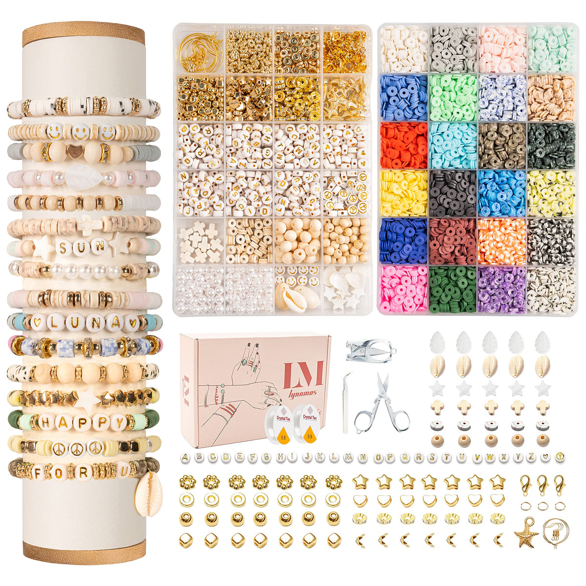 Lynnmos Clay Beads 8000 Pcs 2 Boxes Bracelet Making Kit - 24 Colors Polymer Clay Beads for Bracelet Making Set - Heishi Disc Beads for Jewelry Making kit with Charms and Gift Pack for Girls Lynnmos