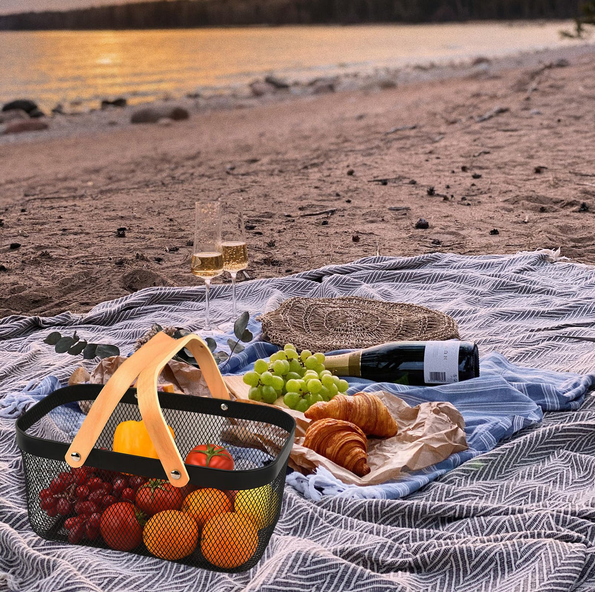 Cheardia 2 Pack Picnic Baskets, Metal Mesh Harvest Basket with Foldable Wooden Handle, Rectangle Garden Storage Basket Bin for Vegetable Fruit Garden Kitchen Cabinet Picking Gathering Cheardia