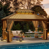 YITAHOME 12x16 ft Hardtop Gazebo with Nettings and Curtains, Outdoor Heavy Duty Aluminum Gazebo Combined of Horizontal and Vertical Stripes Roof for Patio, Backyard, Deck, Lawns and Balcony (Bronze) YITAHOME