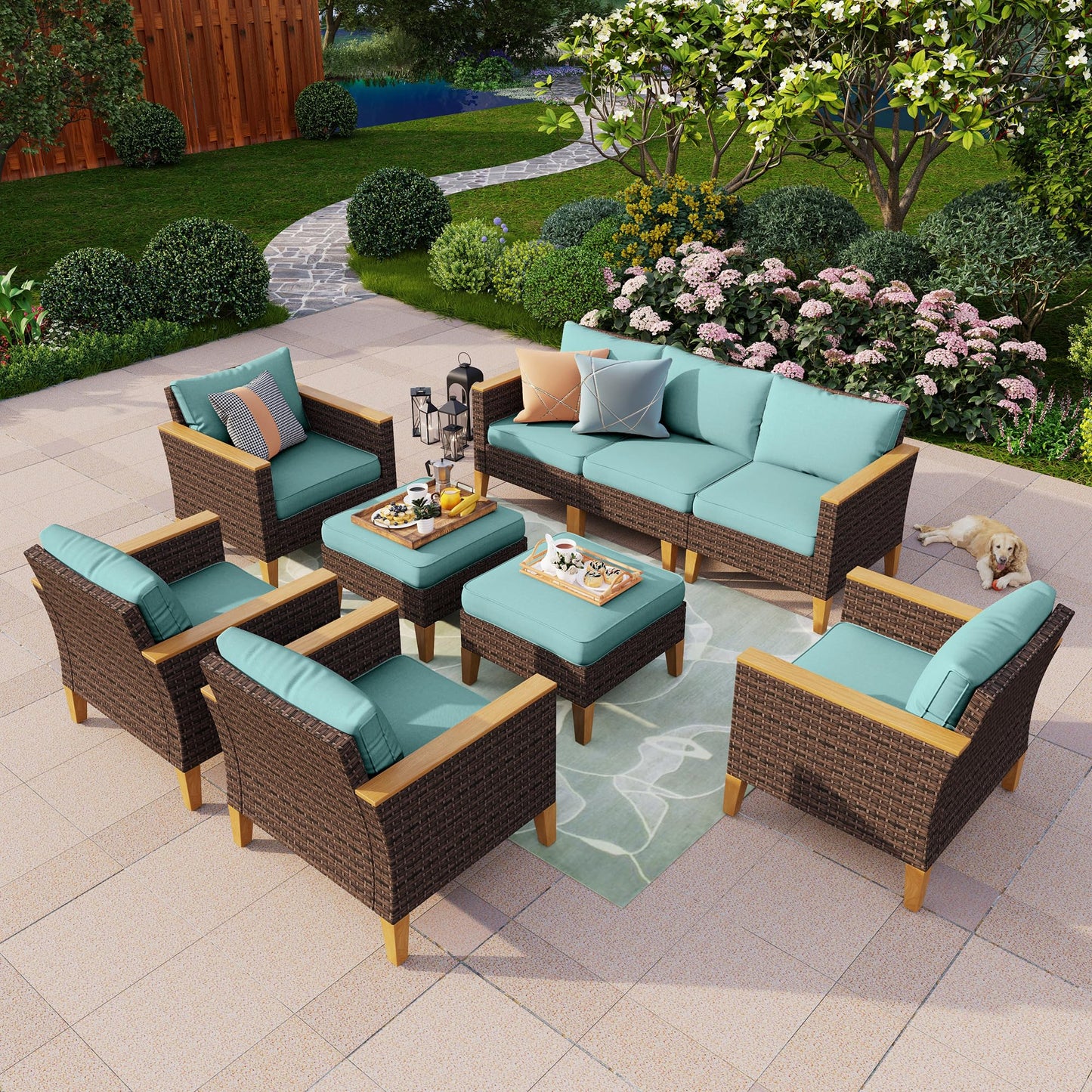 PHI VILLA 9-Piece Outdoor Sectional Porch Furniture Set, Outdoor Wicker Rattan Sofa Patio Set for 9 Seats with Cushions, Blue - WoodArtSupply