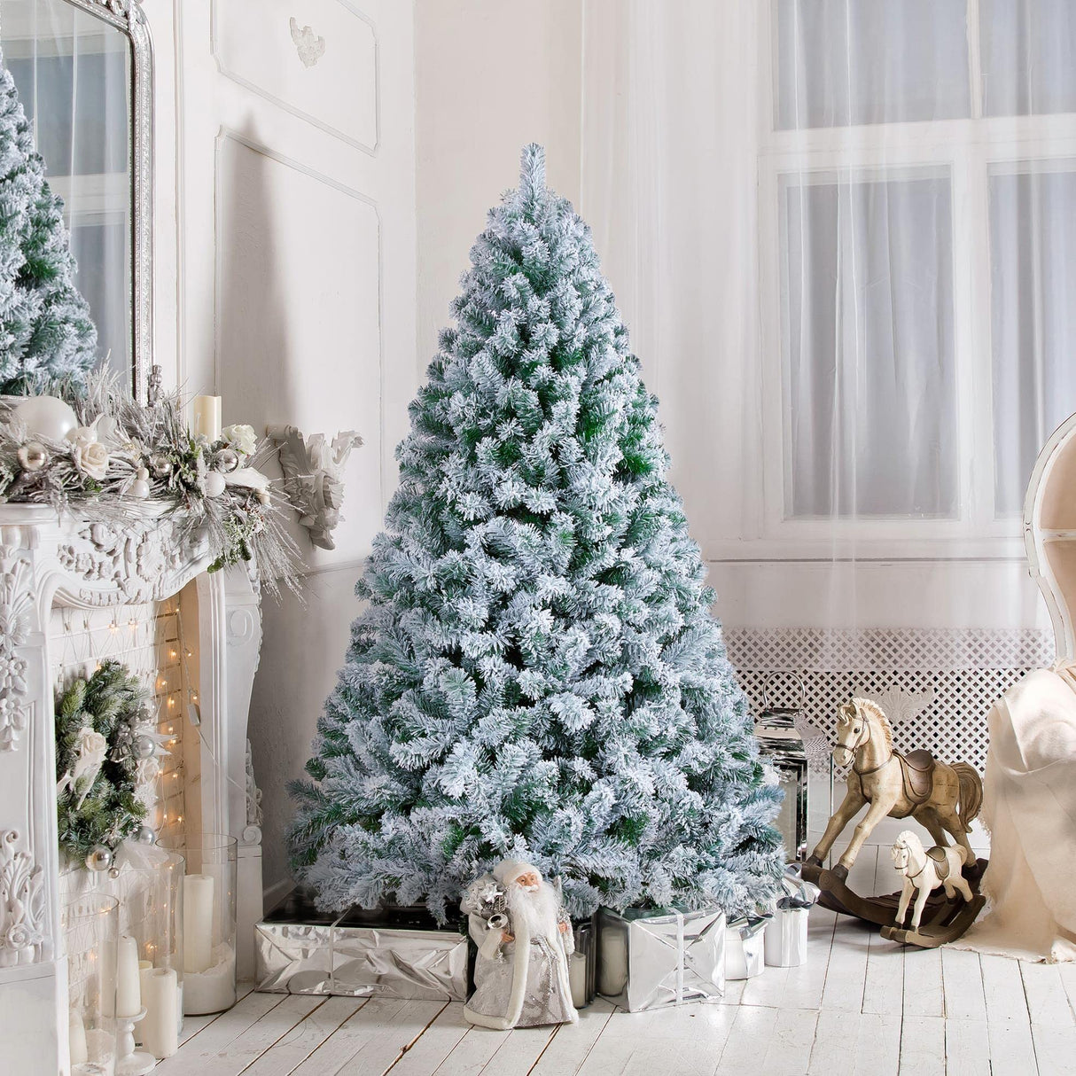 Yaheetech 6ft Premium Snow Flocked Artificial Christmas Tree Hinged Pine Full Holiday Xmas Tree for Home Office Party Decoration with 820 Branch Snow Tips and Metal Stand Yaheetech