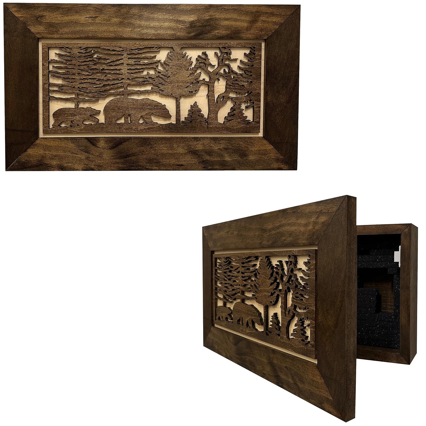 Hidden Gun Cabinet Bears In The Woods Wall Decoration - Secure Wall Mount Gun Safe by Bellewood Designs - WoodArtSupply