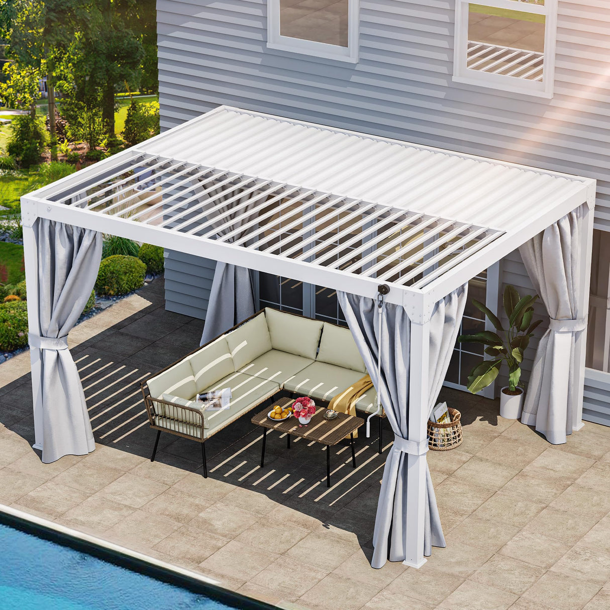 YITAHOME 10x13ft Louvered Pergola Outdoor Aluminum with Adjustable Roof Pergolas Sun Shade Shelter with Netting and Shaded Curtains for Lawns, Patio, Deck and Backyard, White YITAHOME