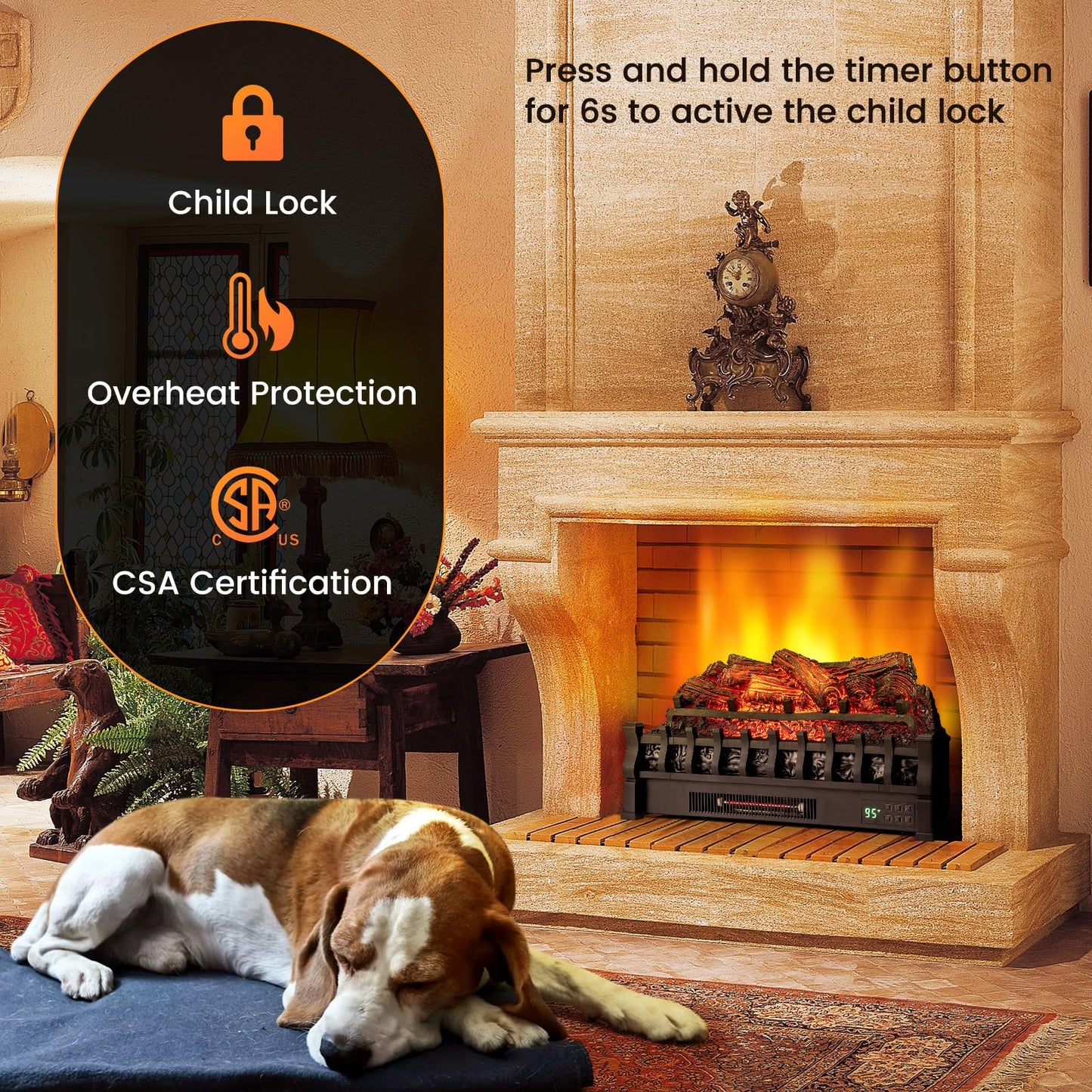 Tangkula 26” Infrared Quartz Electric Fireplace Log Heater with Realistic Pinewood Ember Bed, Electric Fireplace Heater Insert with Overheat Protection, Thermostat, 8H Timer, Remote Control, 1500W