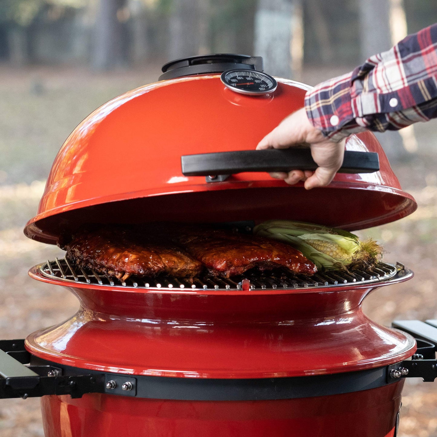 Kamado Joe Kettle Joe 22-inch Kettle Charcoal Grill with Hinged Lit, Cart, Side Shelves and SloRoller Hyperbolic Slow Smoker Chamber in Red, Model KJ15040320