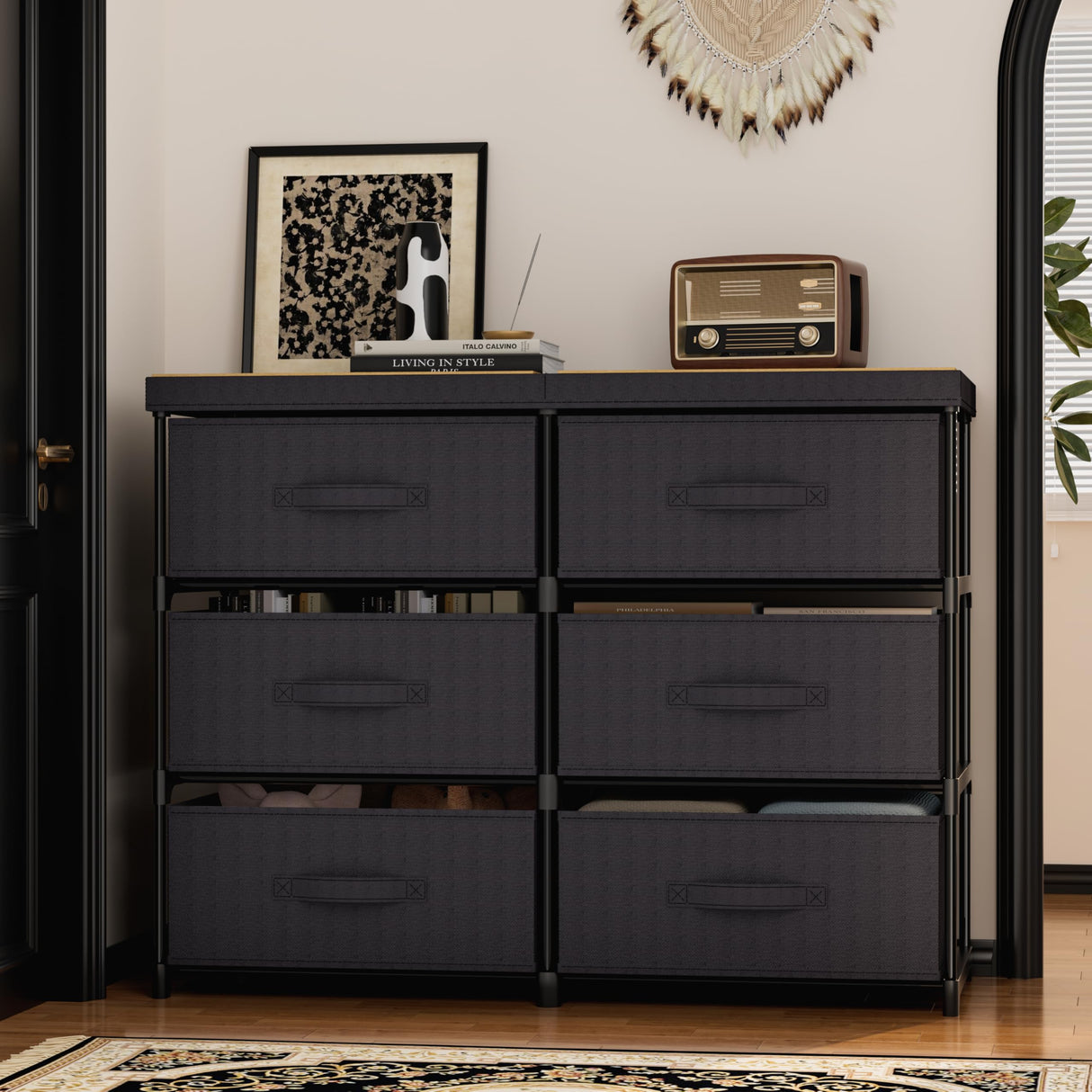 GcdPai Dresser with 6 Fabric Drawer Stand Desktop Sturdy Metal Plastic Support Tube Cube Storage Cabinet for Bedroom Organization Dorm Front Hall Entryway GcdPai