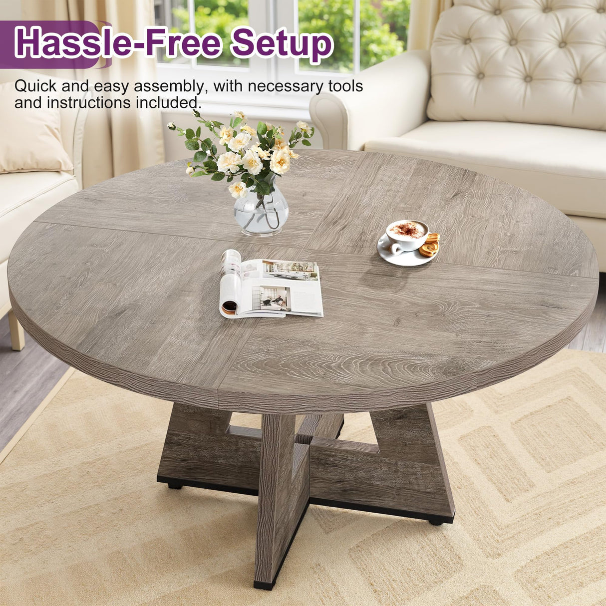 HIGREENA Round Dining Table for 4, 47" Wooden Kitchen Dinner Table Rustic, Farmhouse Table for Dining Room, Living Room, Gery HIGREENA