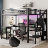 Full Size Loft Bed with Desk and Stairs,Metal Loft Bed Full with Wardrobe and Shelf, High Loft Bed with LED Light and USB for Kids, Teens, Junior, Adults,Black MoproBeti