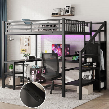 Full Size Loft Bed with Desk and Stairs,Metal Loft Bed Full with Wardrobe and Shelf, High Loft Bed with LED Light and USB for Kids, Teens, Junior, Adults,Black MoproBeti