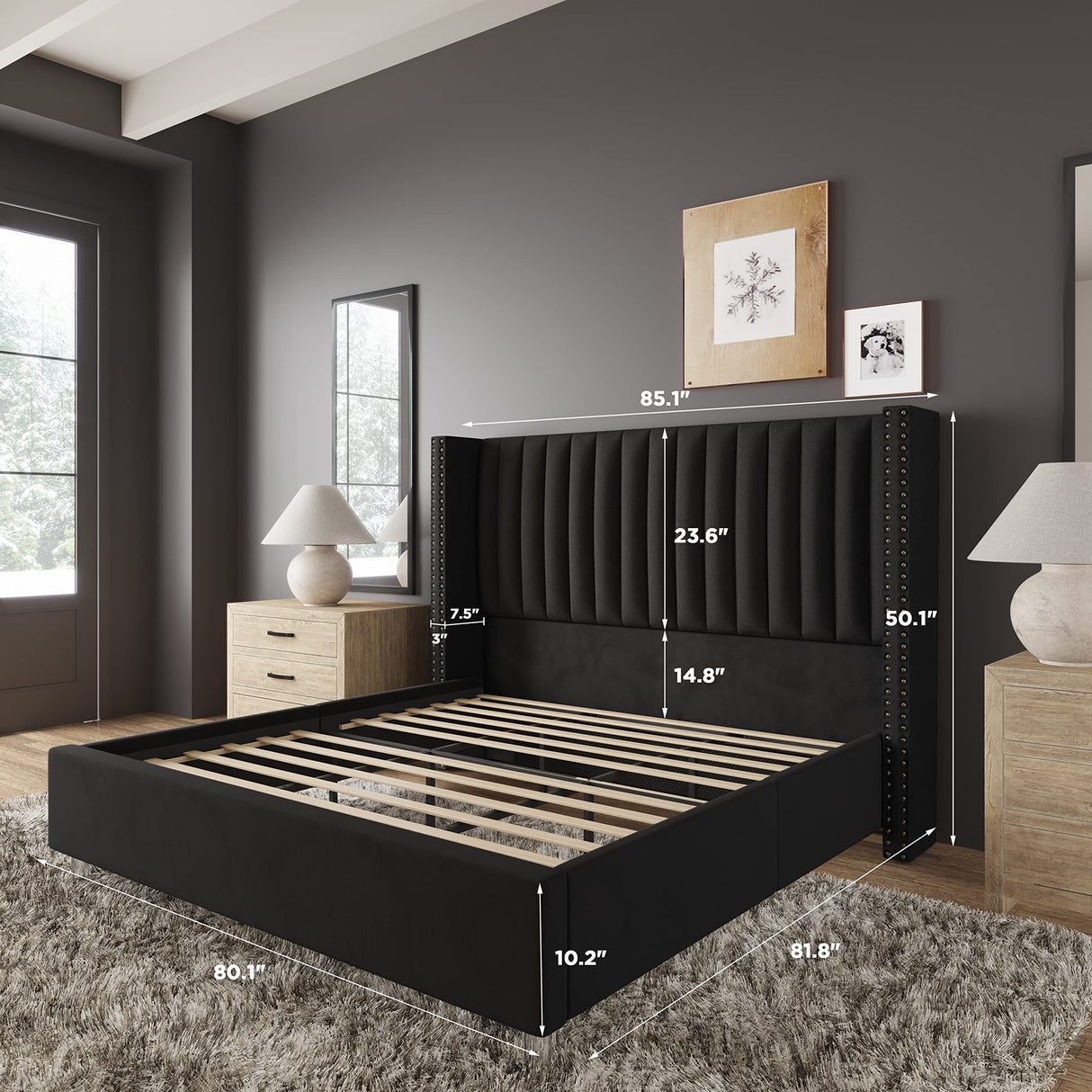 Jocisland King Size Bed Frame Upholstered Platform Bed with Tall Headboard Wingback, Velvet Vertical Channel Tufted, No Box Spring Needed, Easy Assembly, Black Jocisland