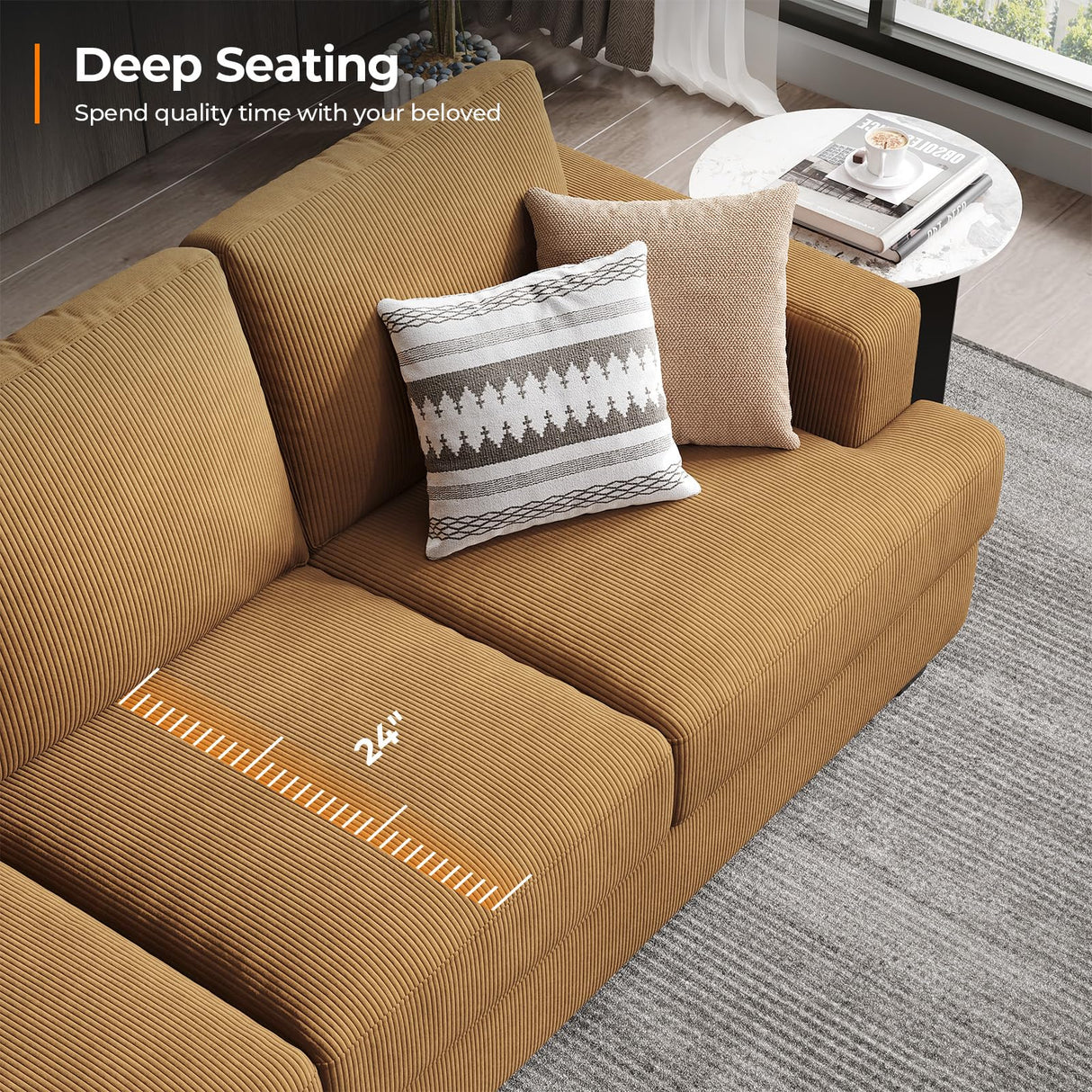 COPIAE 89 Inch Sofa with Extra Deep Seats Oversize, 3 Seater Sofa for Living Room, Modern Couch and Sofa, Comfy Armrests and Seats and Backrests, Easy Installation, Corduroy Fabric Ginger Yellow COPIAE