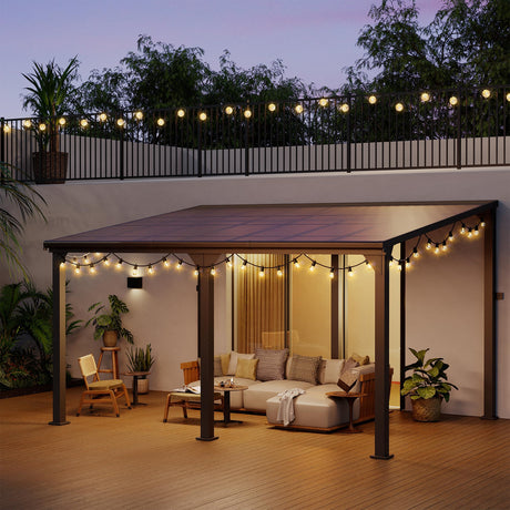 Pamapic 10 * 14FT Wall Mounted Gazebo,4*4 Inch Thickened Pillars & Enlarged Base,Outdoor Hardtop Lean to Pergola,UV Resistant Polycarbonate Roof,Aluminum Frame Pergola,Outdoor Patio Awnings for Lawn Pamapic