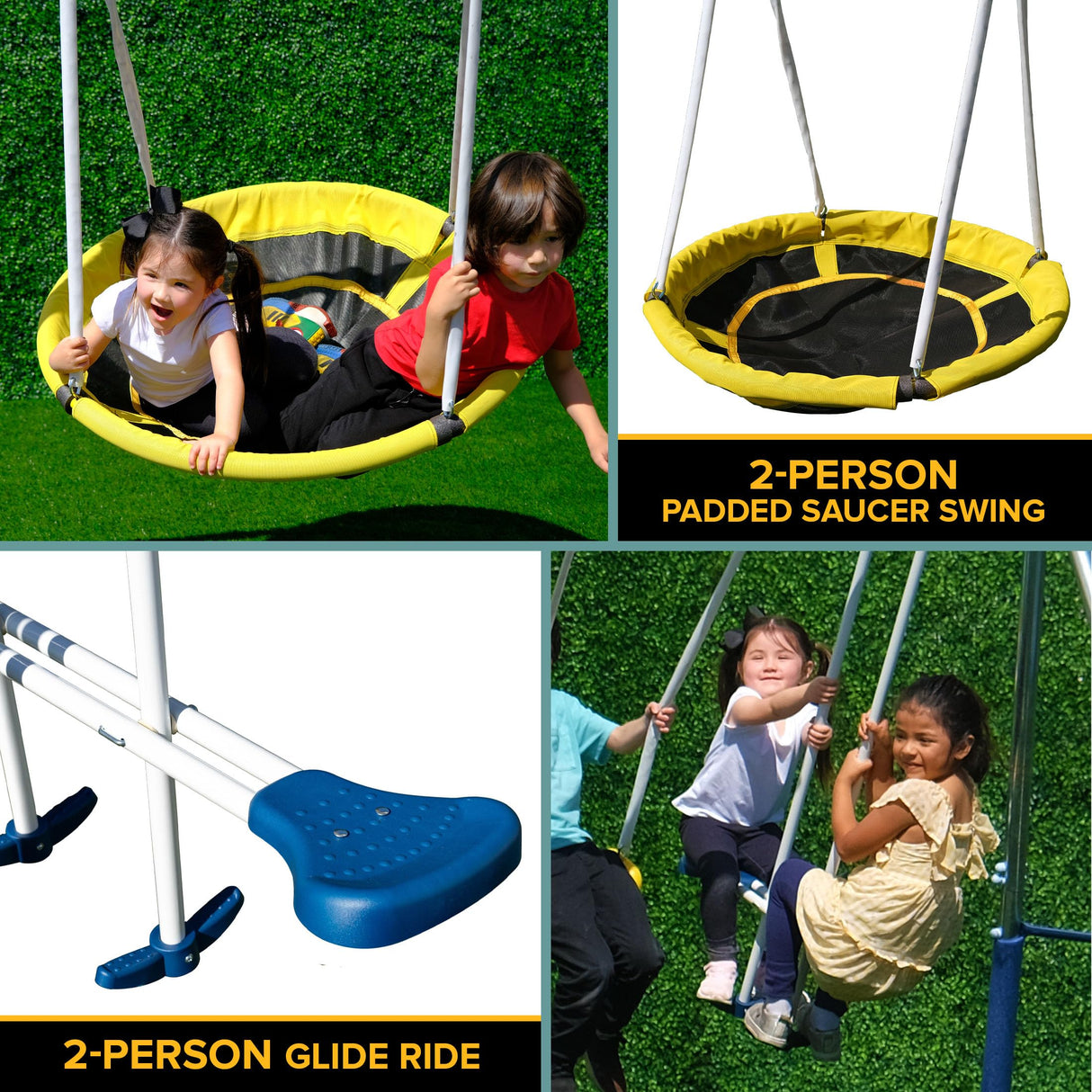 Sportspower 'Swing and Play' Galvanized Metal Swing Set(6 Year Warranty): 2 Swings+Standing, 2 Kid Roman Glider+Saucer, 5' Wavy Slide, EXCEEDS ASTM Safety Standards*4pc Anchor Kit* Sportspower