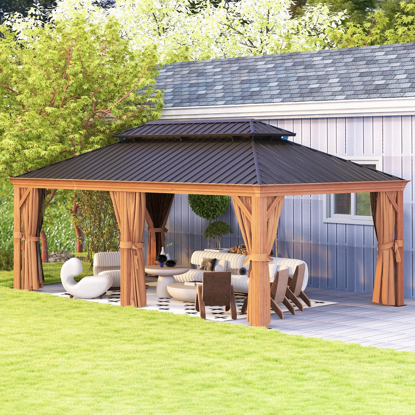 Aoxun 12' x 20' Permanent Gazebo, Wooden Finish Coated Aluminum Frame Canopy with Dual-Layer Galvanized Steel Hardtop Top, Outdoor Metal Pavilion, for Deck, Patio and Backyard - WoodArtSupply